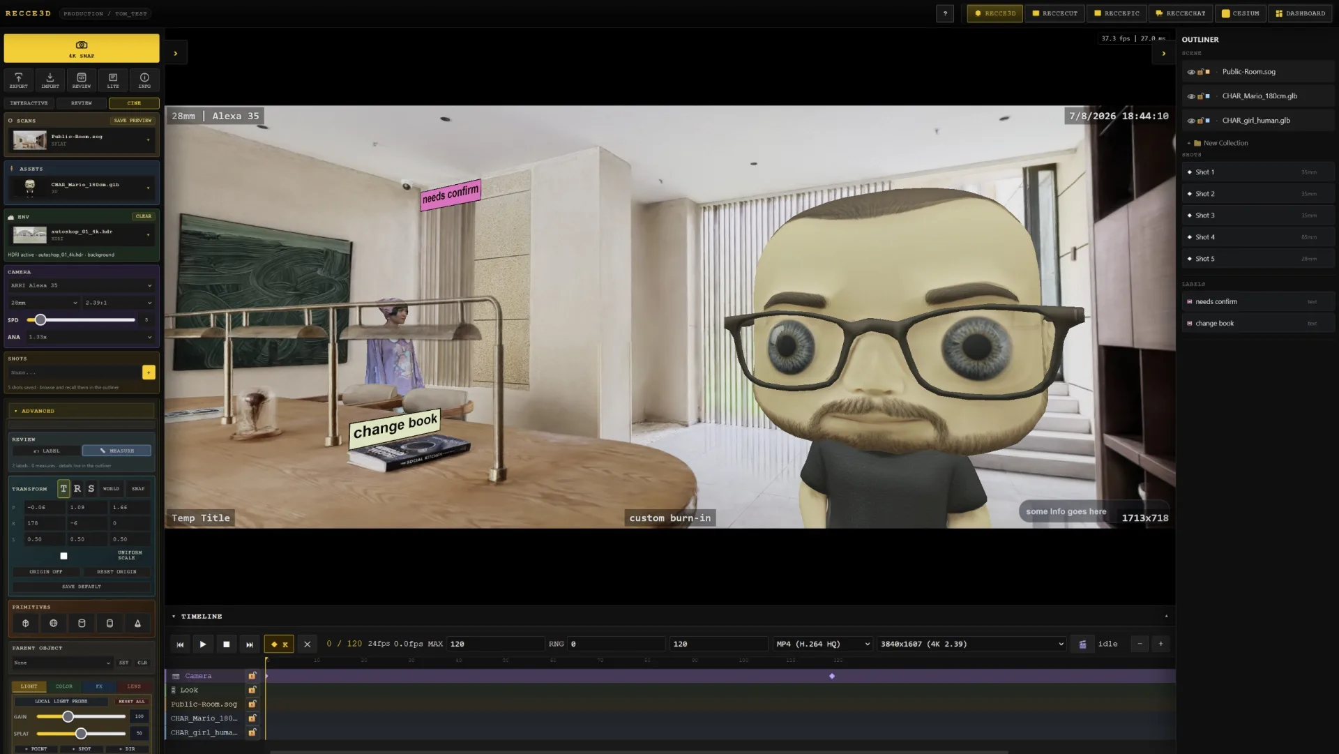 Recce3D production-planning interface with a scanned location, placed assets, camera controls, annotations and timeline